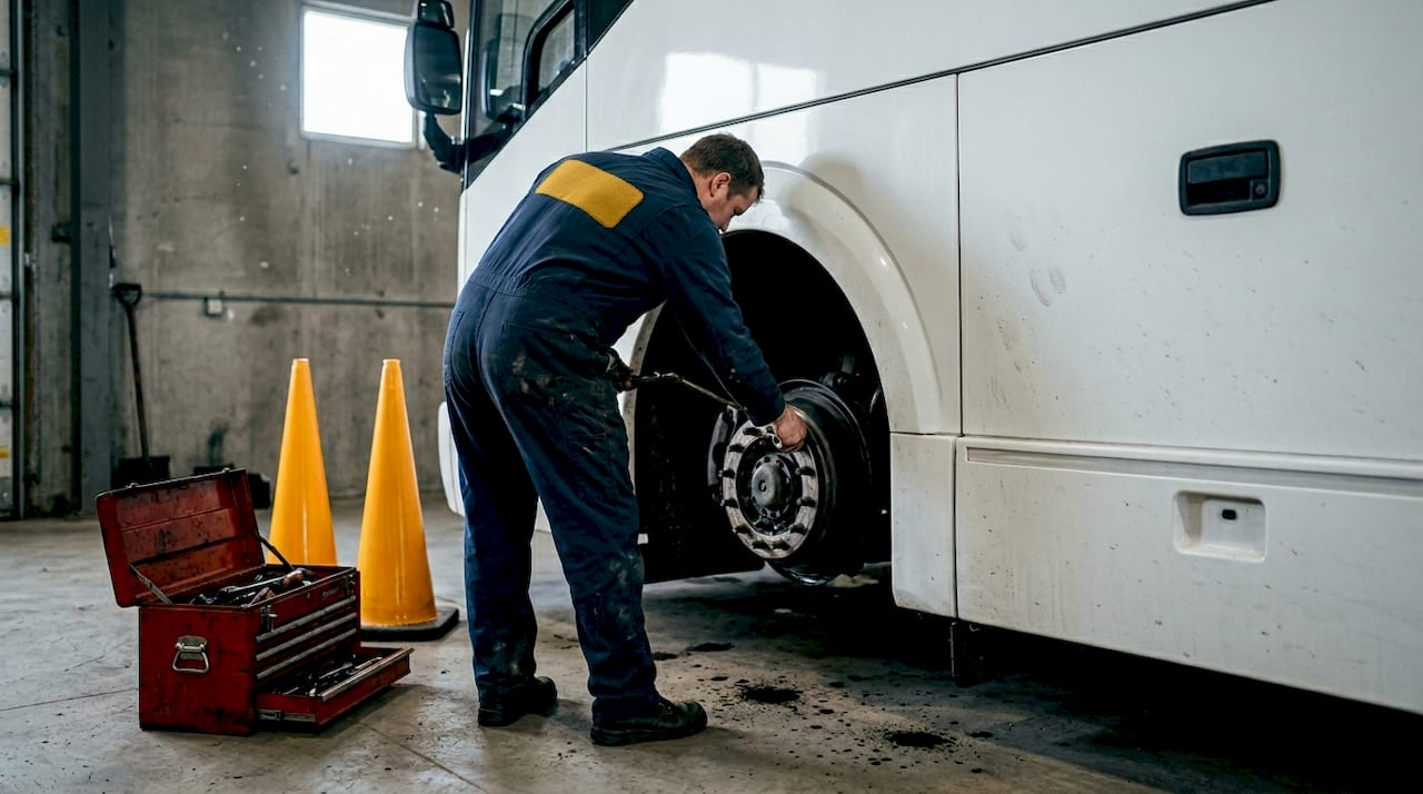 Mechanic checks charter bus in Toronto garage