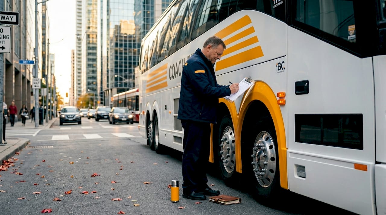 Bus driver checking list beside coach bus