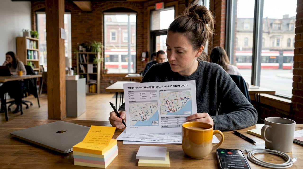 Planner reviewing bus rental quote at desk