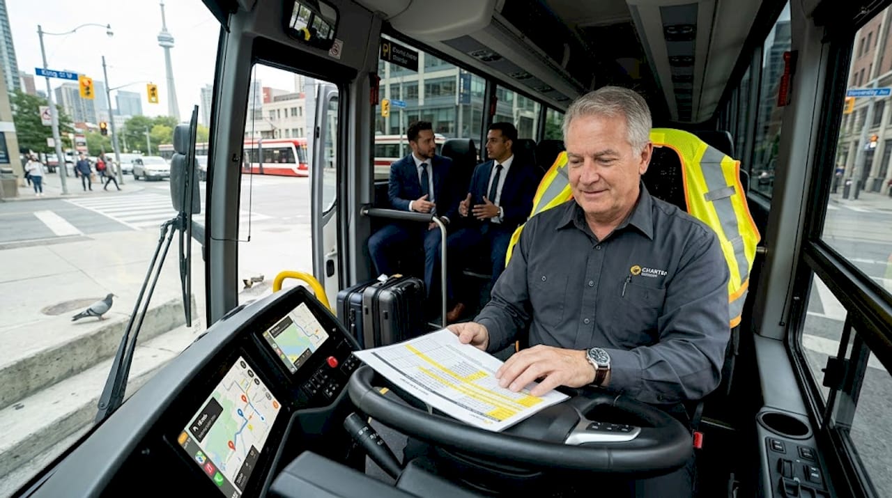 Charter coach at Toronto stop with route map