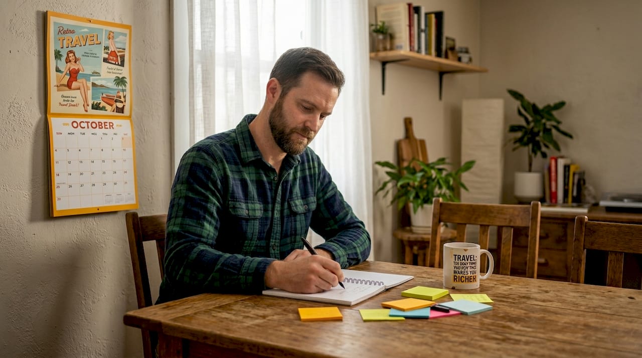 Man organizing travel with tablet and calendar