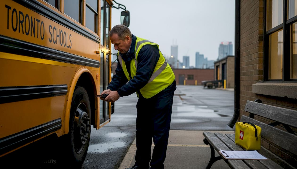Bus driver completing pre-trip inspection at depot