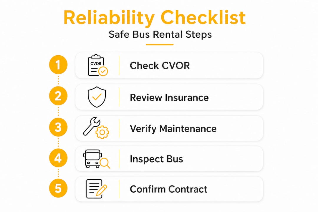 Infographic listing safe bus rental reliability steps