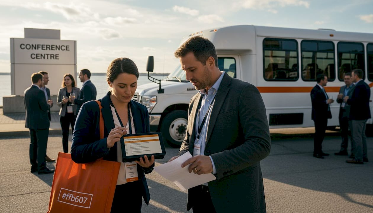 Organizers managing bus transfer at venue