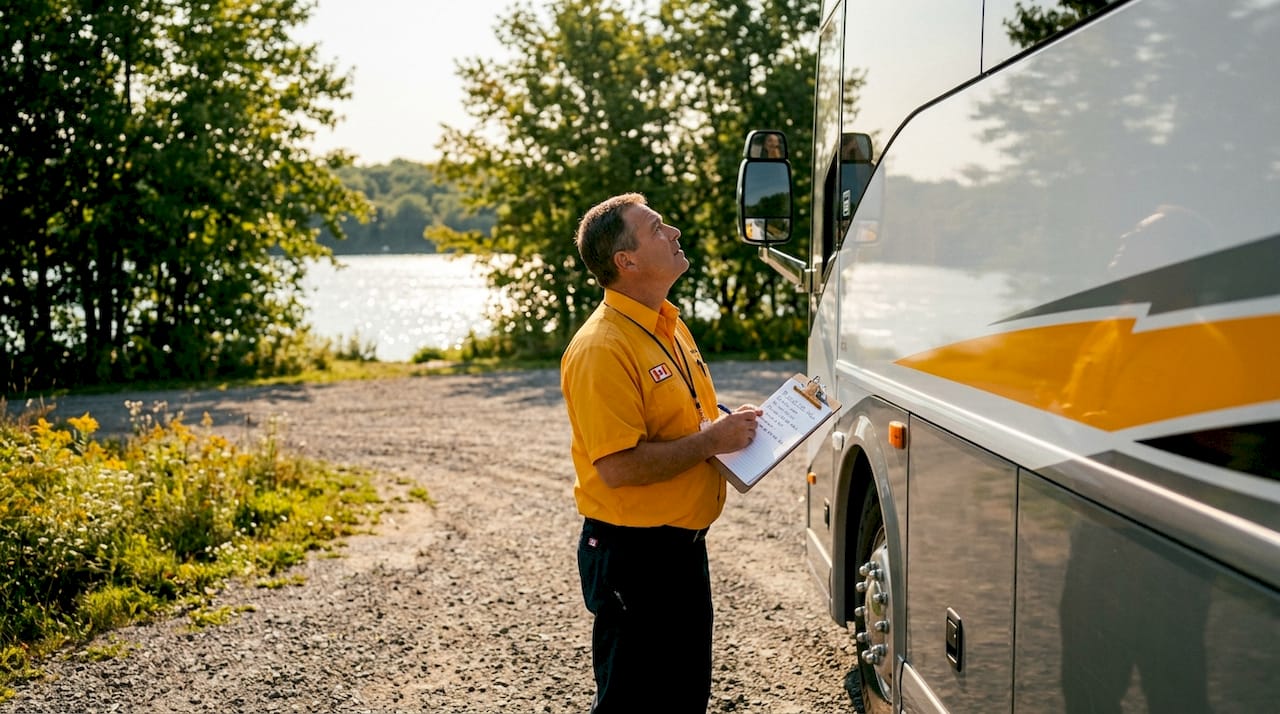 Coach driver inspecting bus before group trip