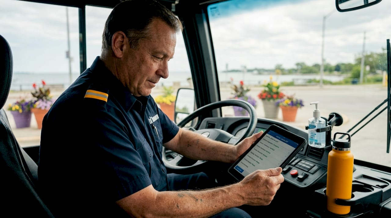 Toronto bus driver checks safety checklist
