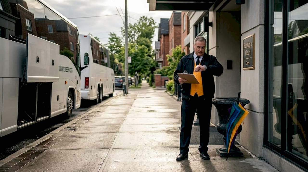 Bus driver checks manifest outside hotel