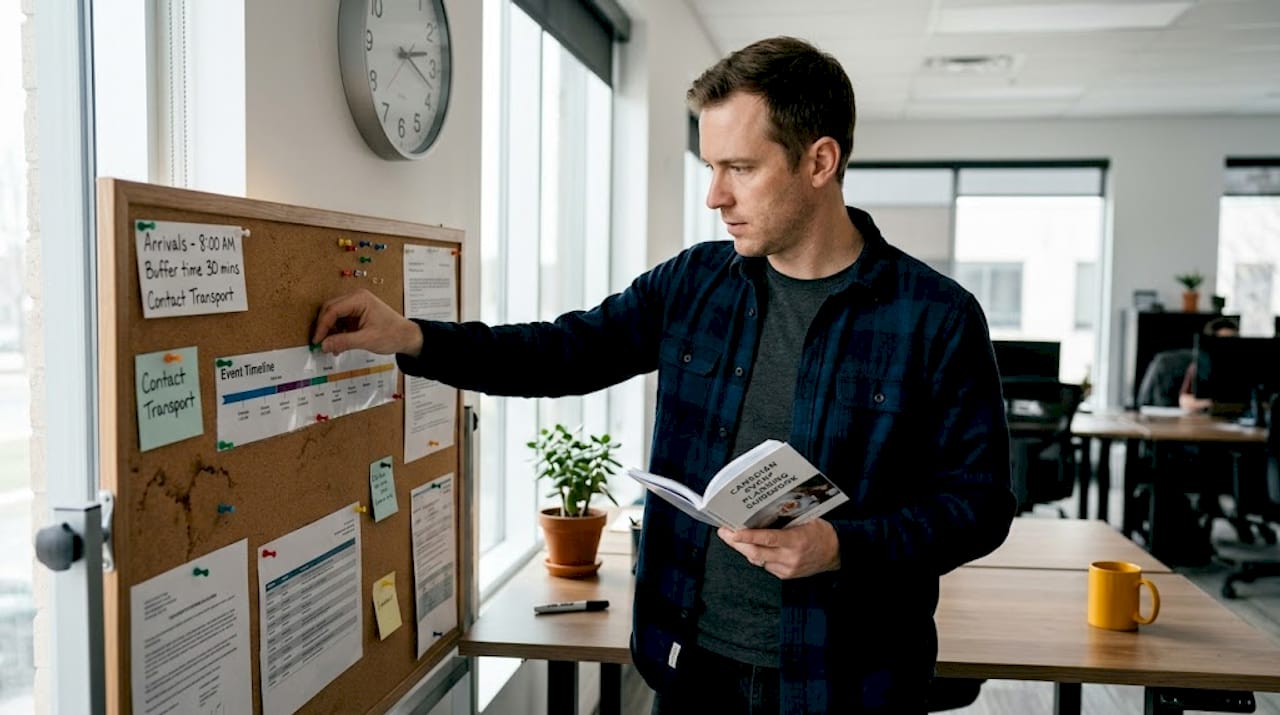 Logistics manager adding timeline buffer on whiteboard