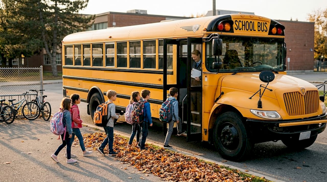Students boarding conventional yellow school bus