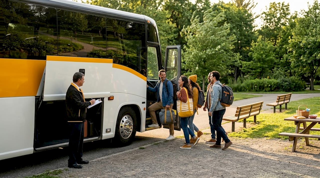 Adults board charter bus outside community center