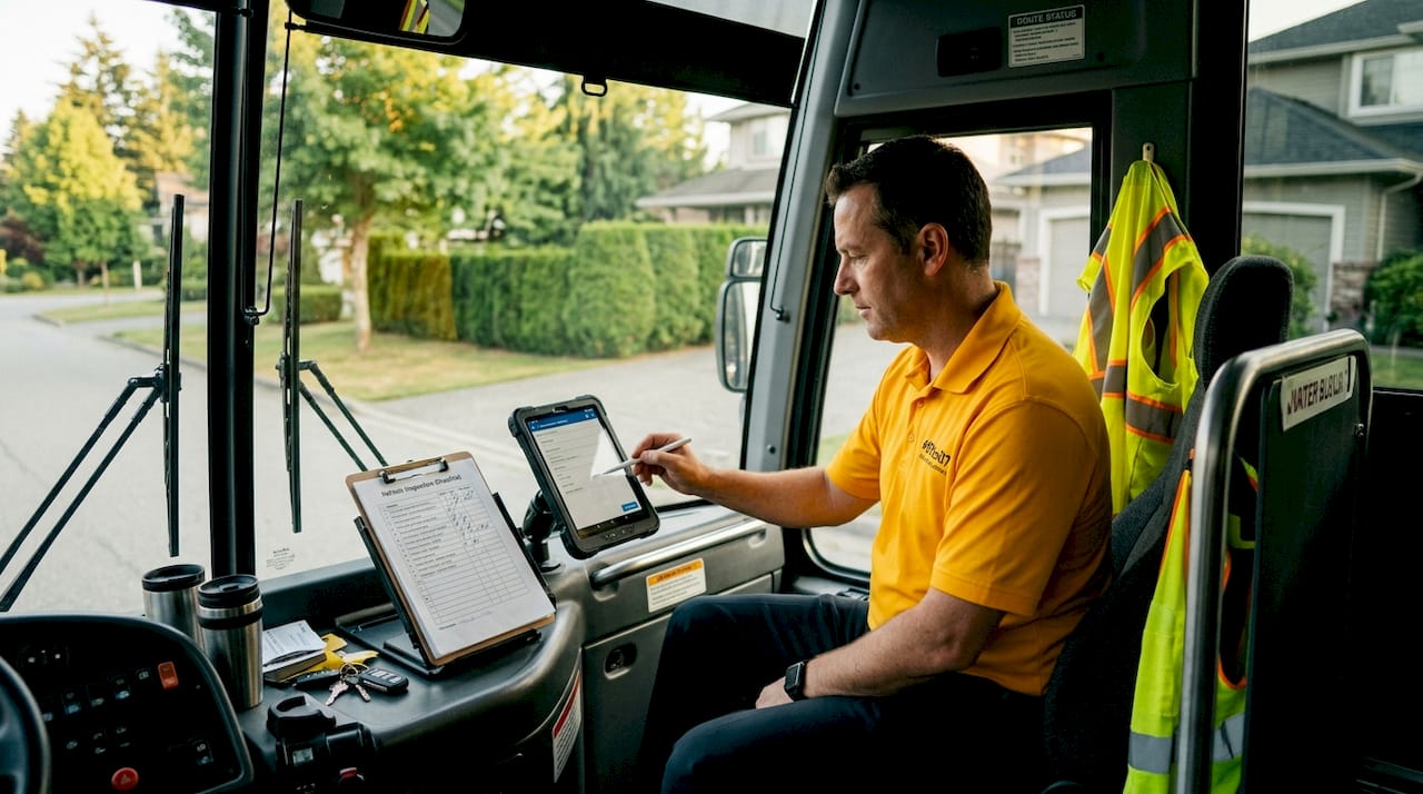 Bus driver completes inspection on tablet