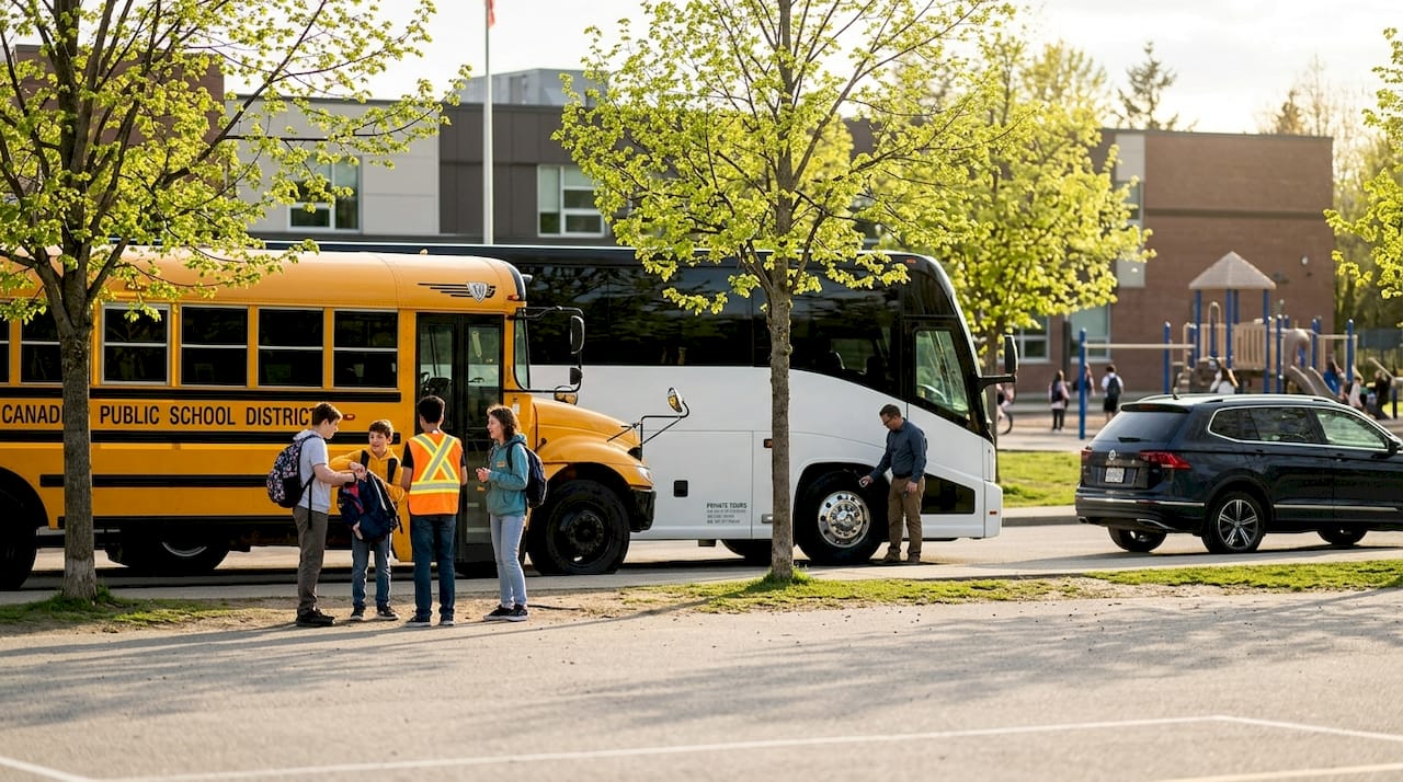 School trip vehicles lined up outdoors