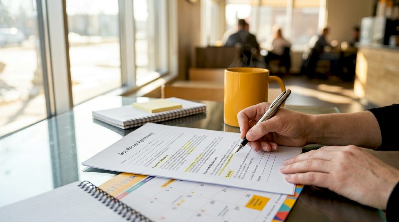 Hands reviewing bus rental agreement clauses