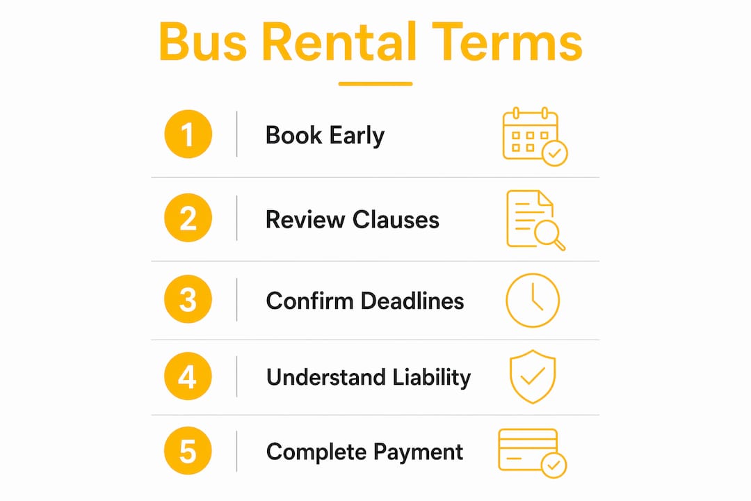 Infographic illustrating key bus rental terms steps