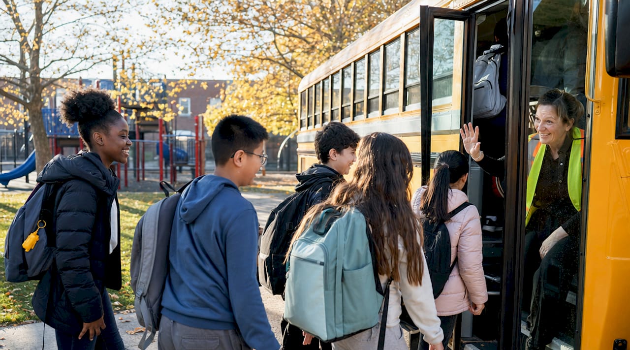 Students boarding a yellow school bus outdoors