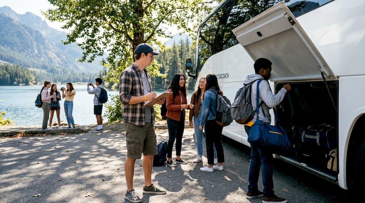 Students and teacher loading backpacks into motorcoach