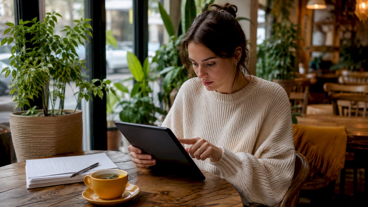 Hands reviewing wedding planning timeline on tablet