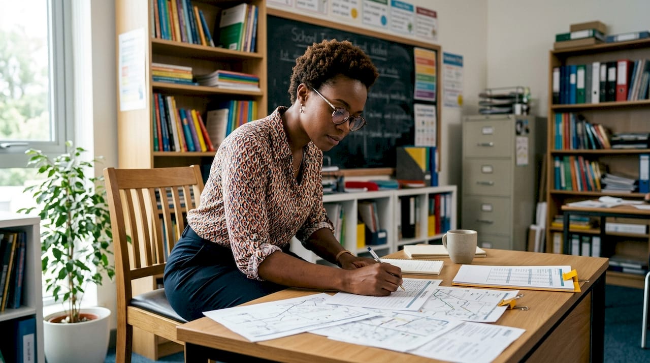 Teacher reviewing trip routes and transport schedules