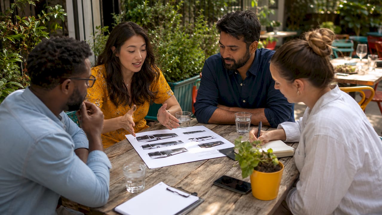 Event planners selecting bus types in Toronto office