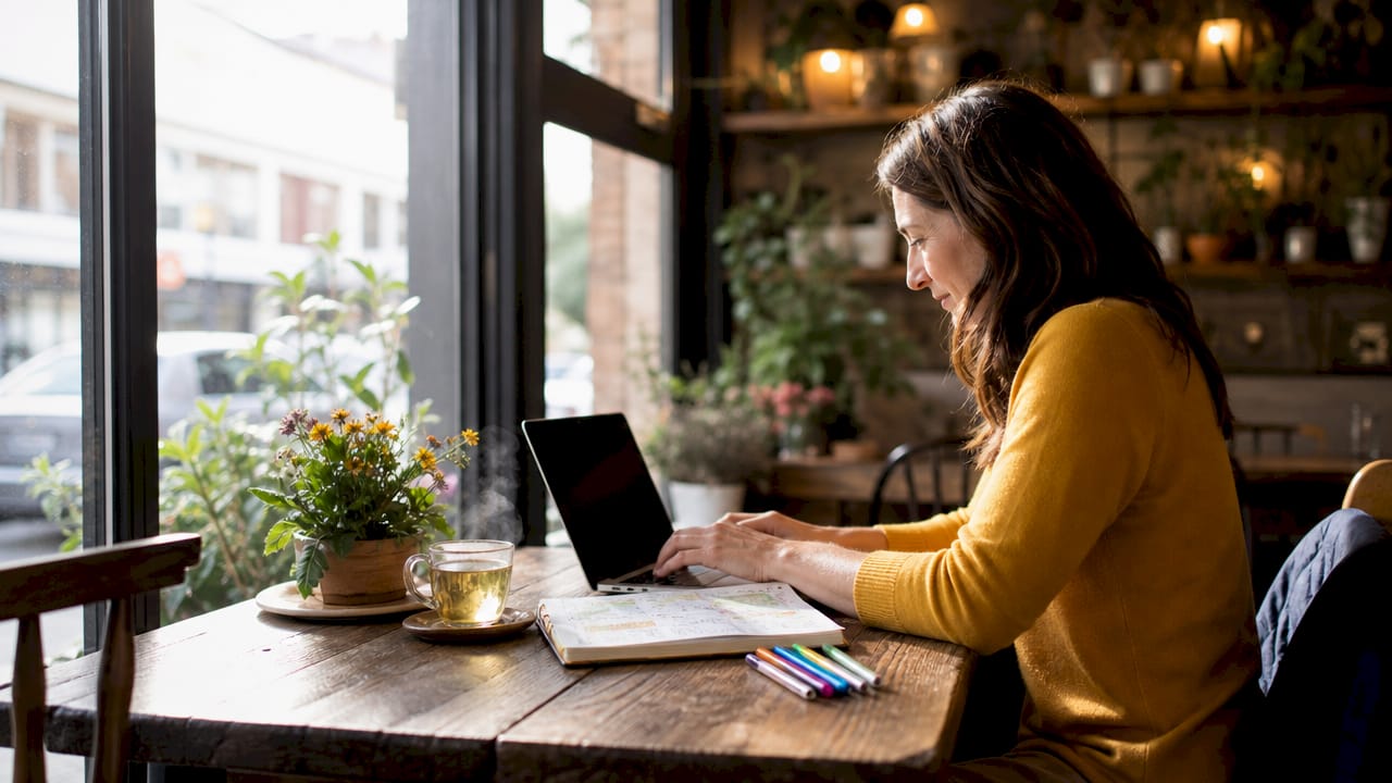 Woman managing group travel schedule at café