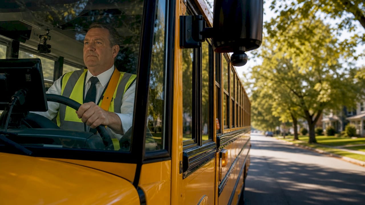 School bus driver operating safety equipment inside bus