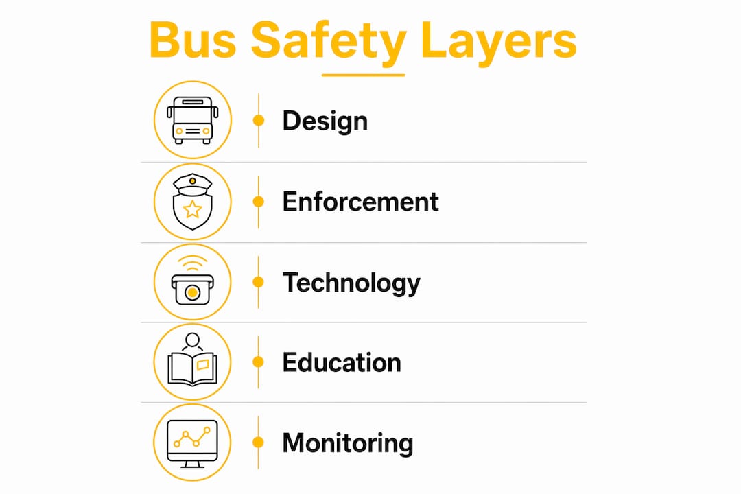 Infographic illustrating layers of school bus safety