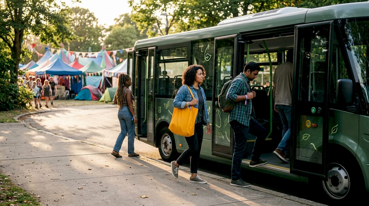 Electric shuttle bus with attendees boarding