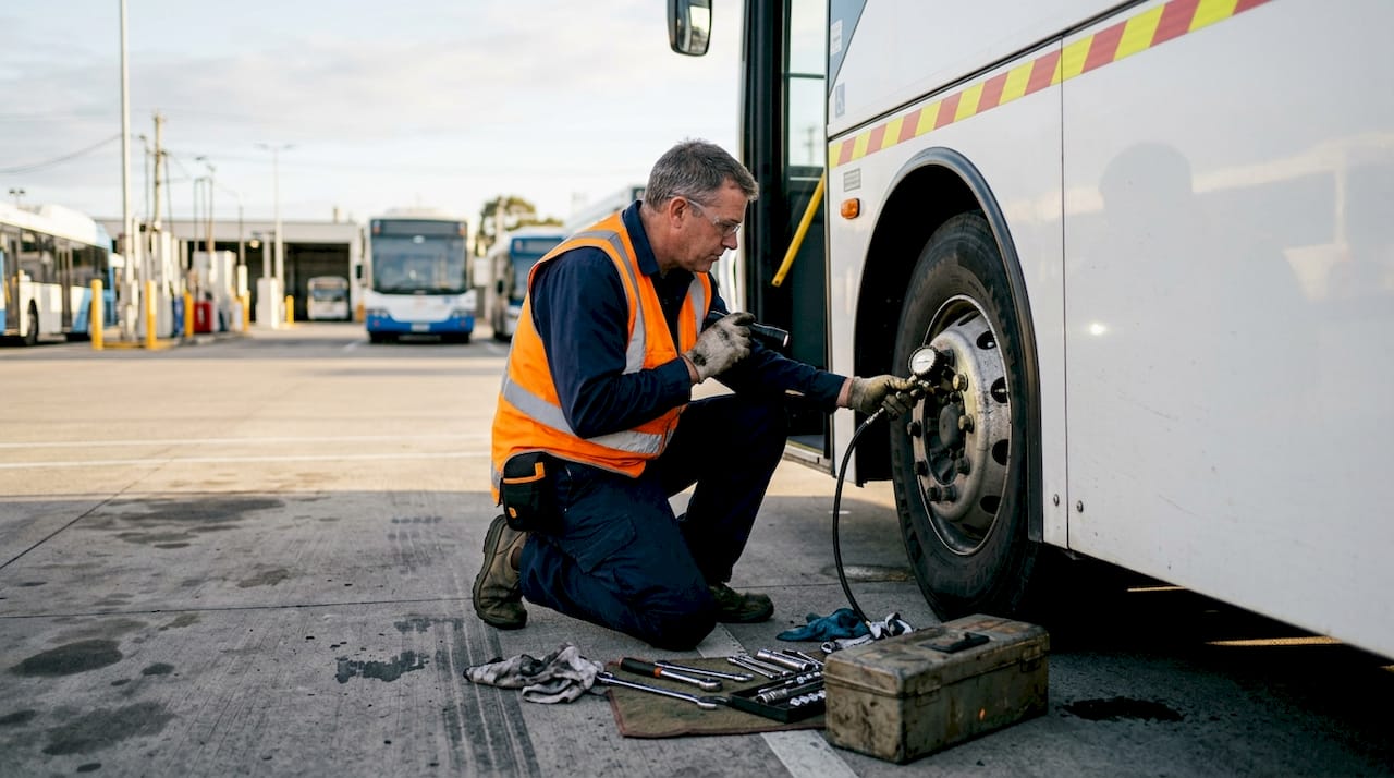 Bus mechanic inspecting bus tire and undercarriage