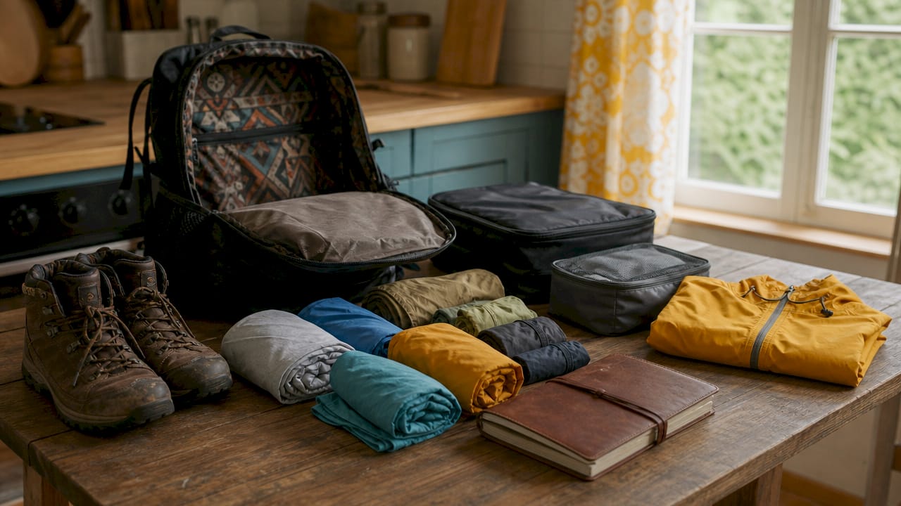 Overhead view of packed clothing and footwear