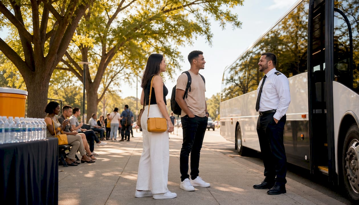 Attendees waiting at shuttle loading zone outdoors