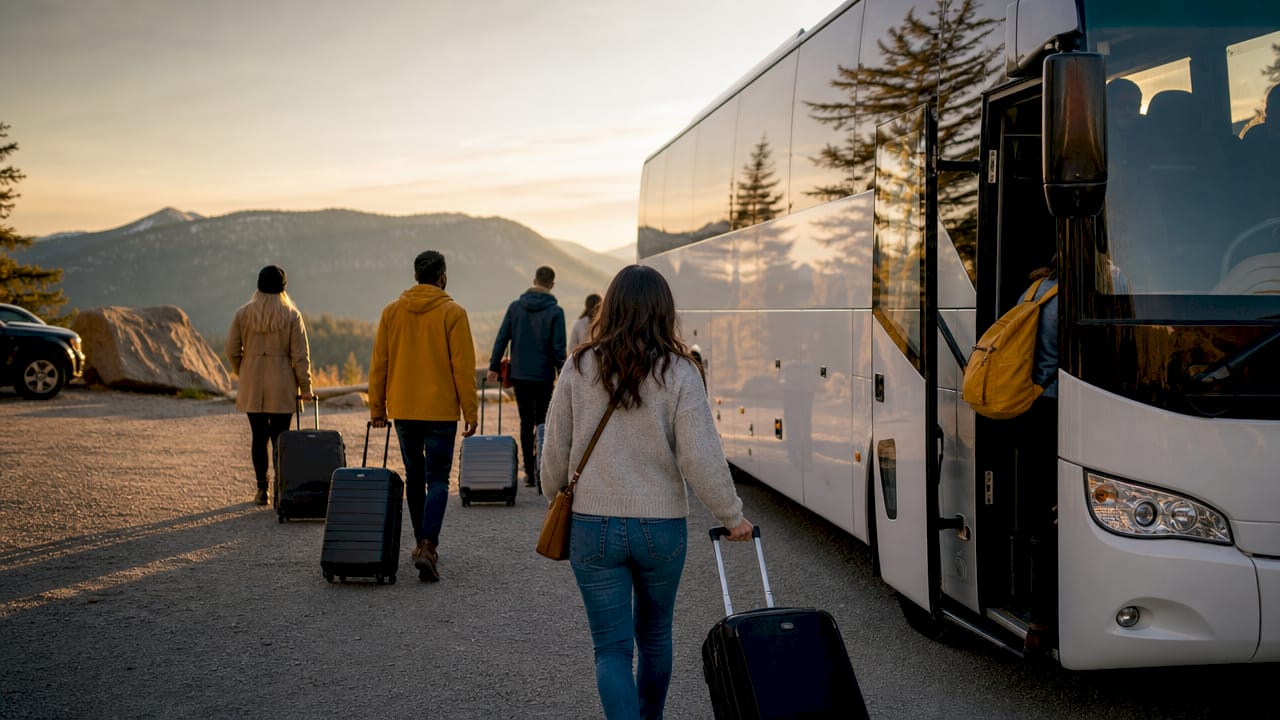 Modern motor coach with passengers boarding