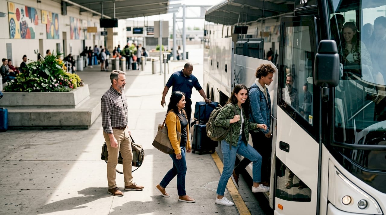 Passengers boarding a charter bus for group transport