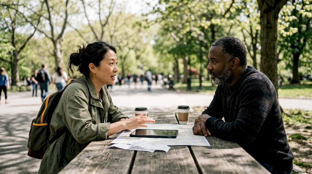 Couple comparing shared travel costs in café