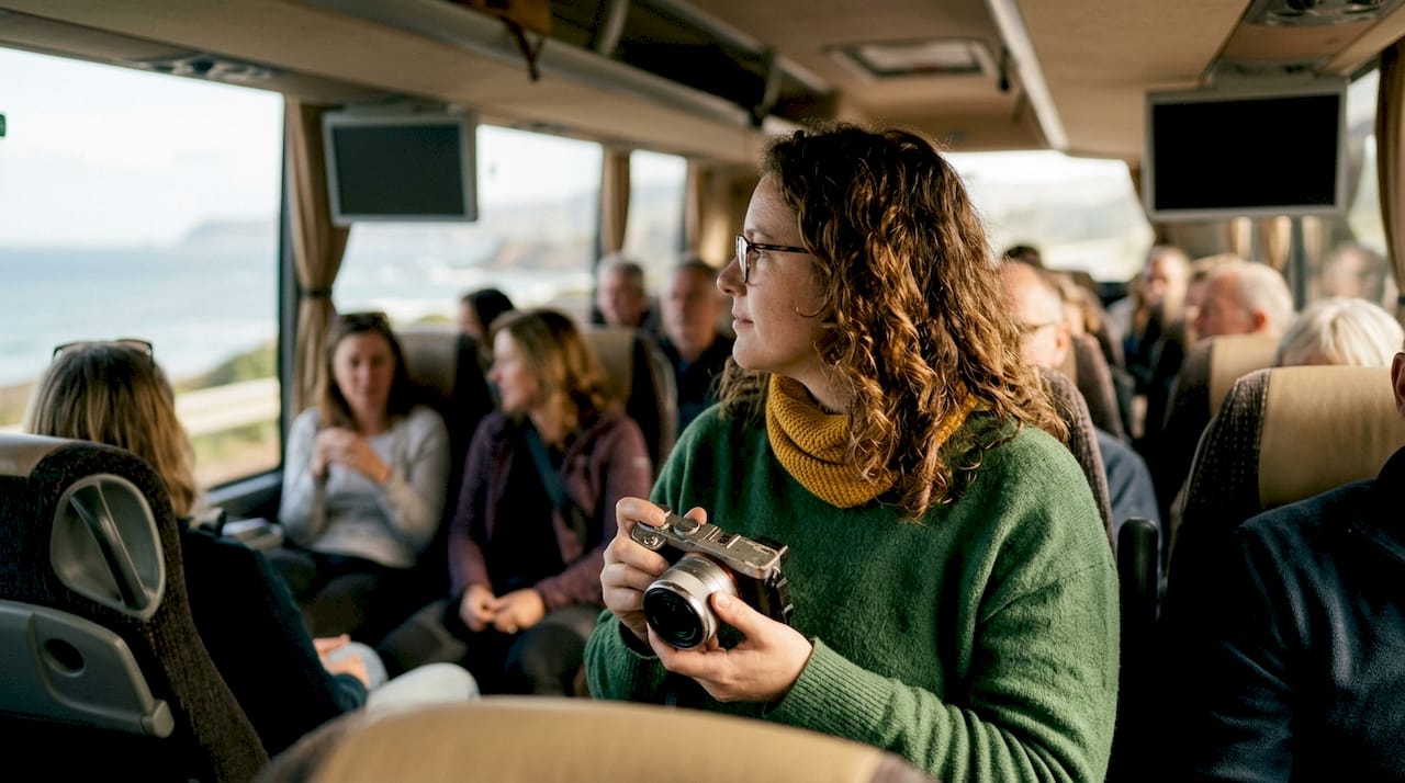 Traveler enjoying bus tour view