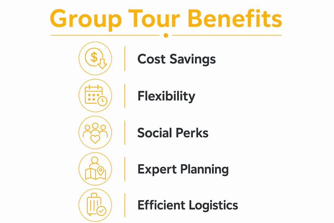Infographic illustrating benefits and logistics of group tours