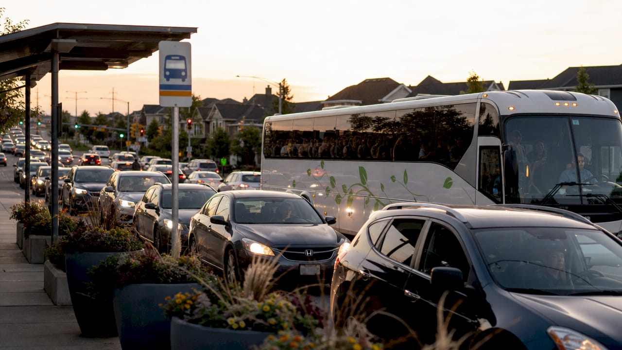 Motorcoach bypassing traffic jam near event