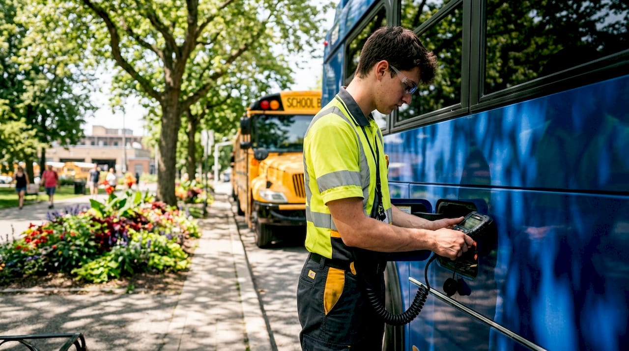 Technician inspecting electric school bus charging port