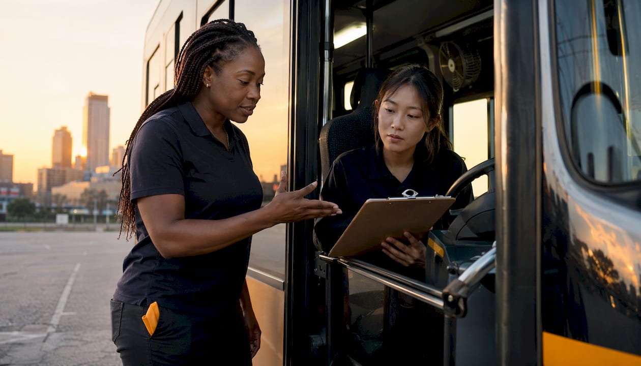 Bus driver training session inside bus
