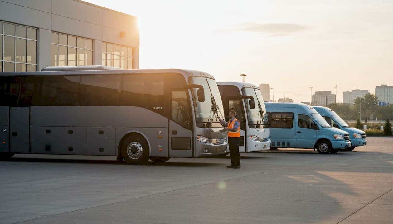 Diverse Toronto bus rental fleet parked outdoors