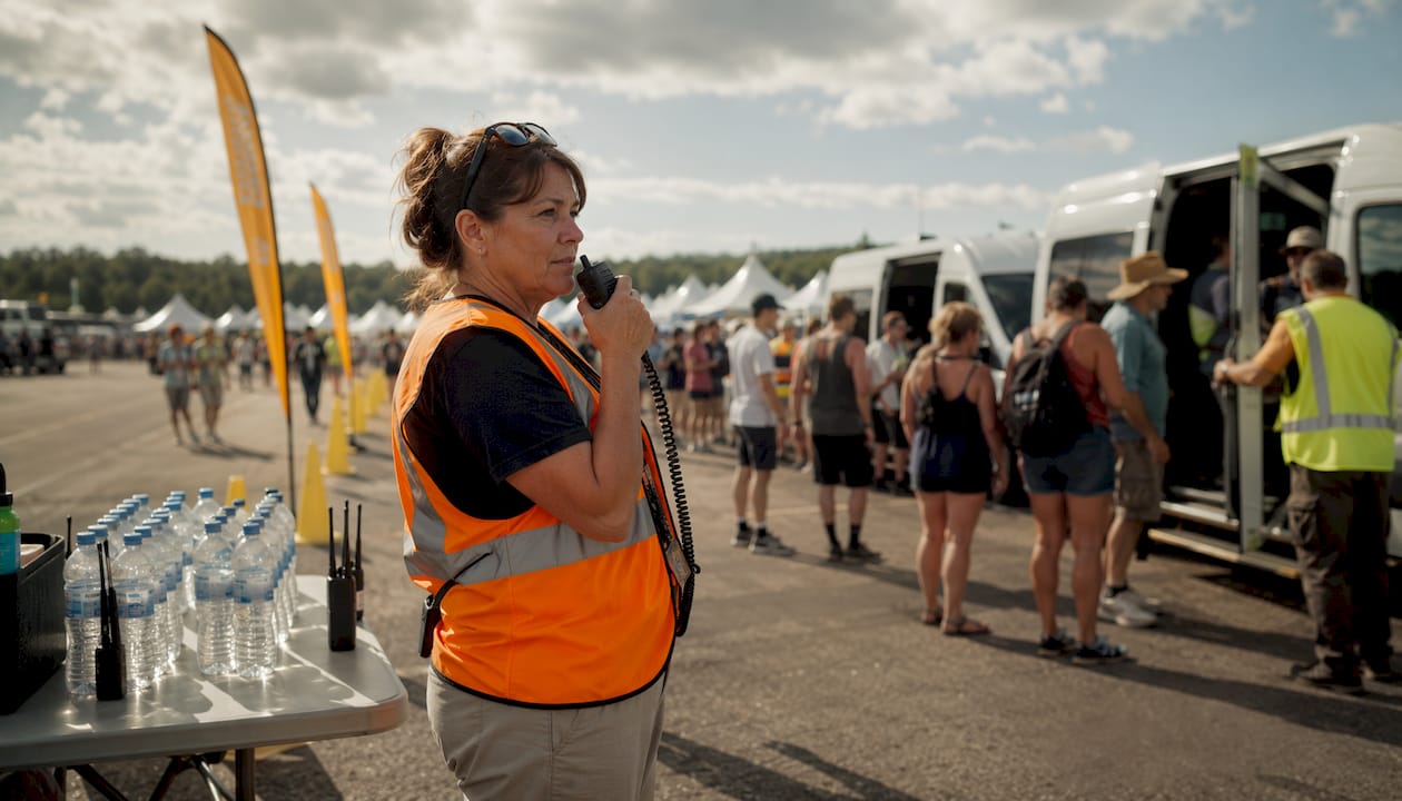 Shuttle liaison coordinating boarding at festival