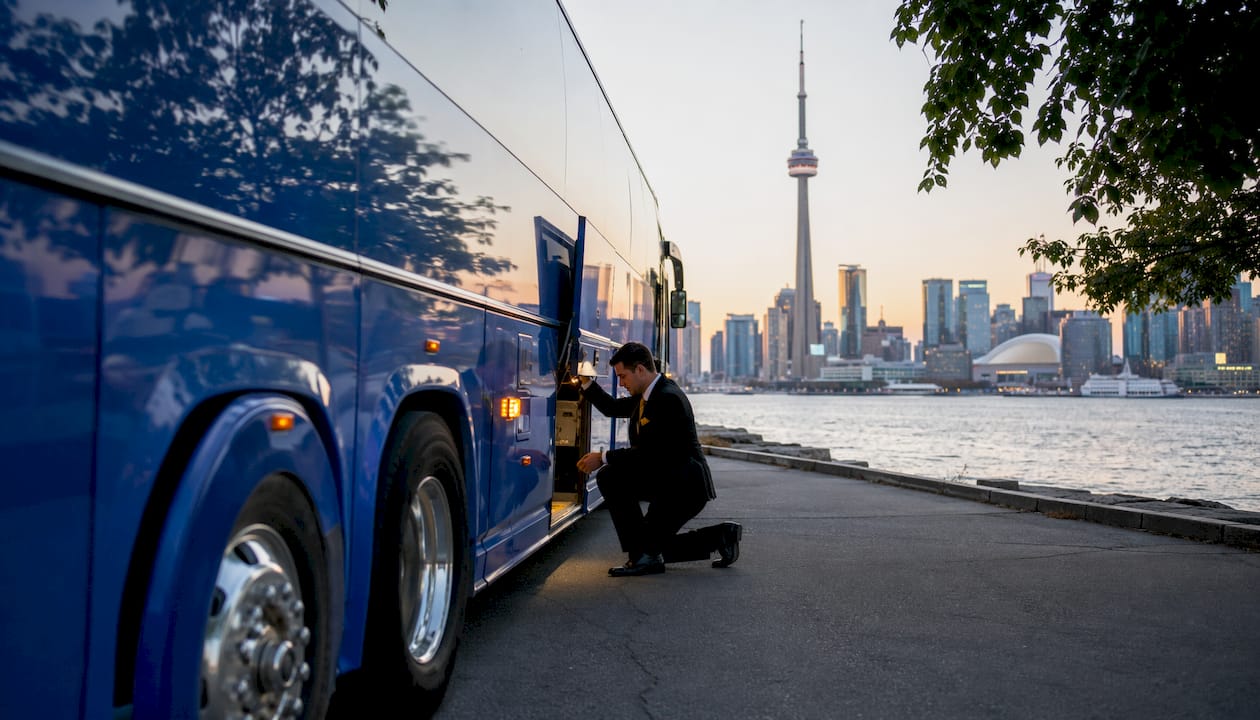Motor coach bus prepared for event pickup