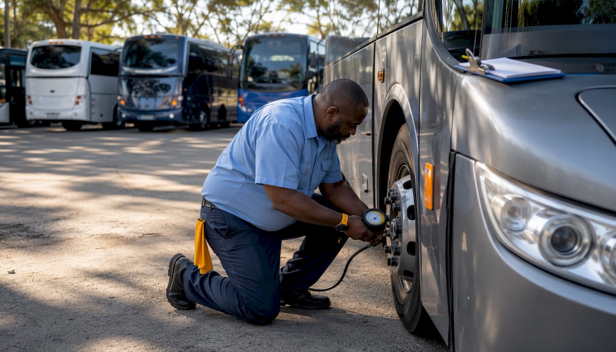 Bus driver inspecting vehicle tires