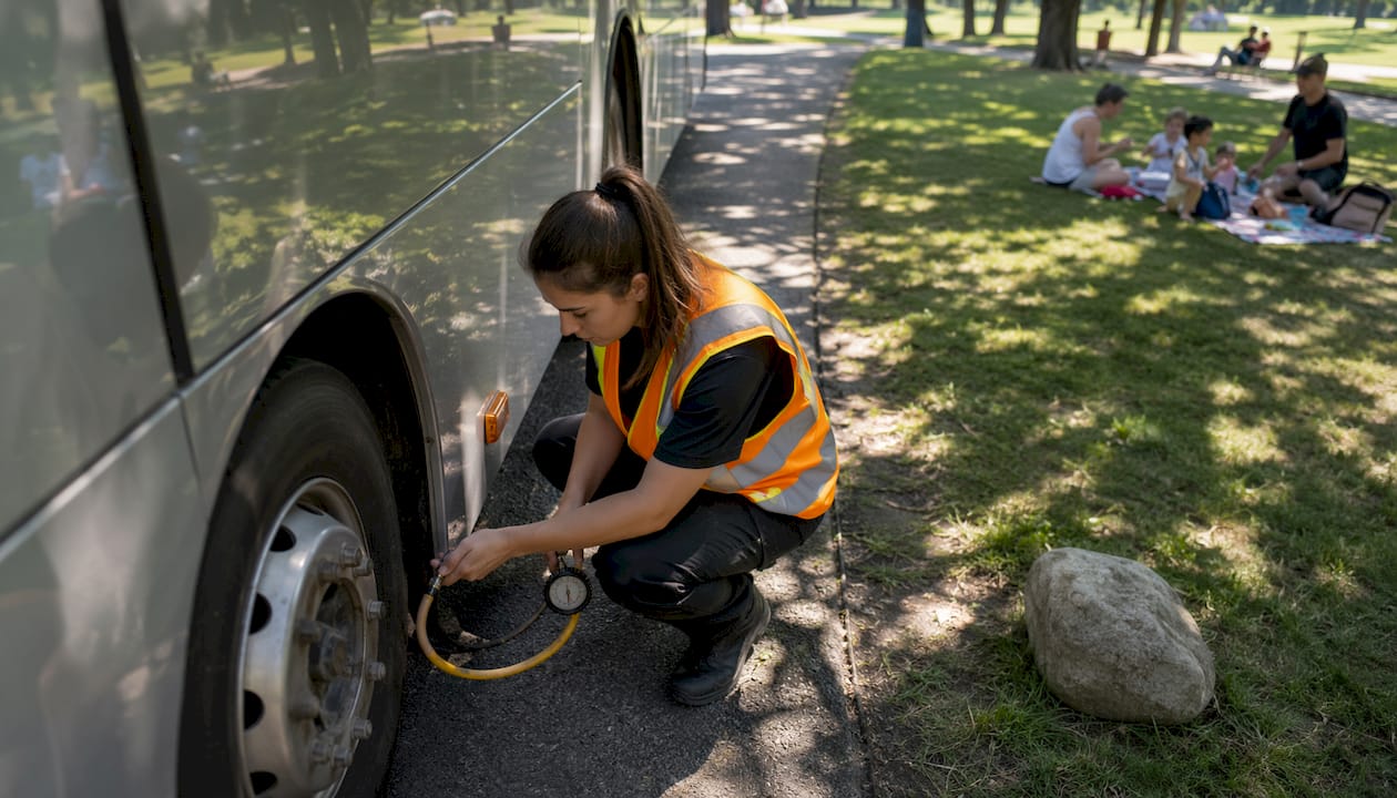 Female bus driver inspecting bus tires outdoors