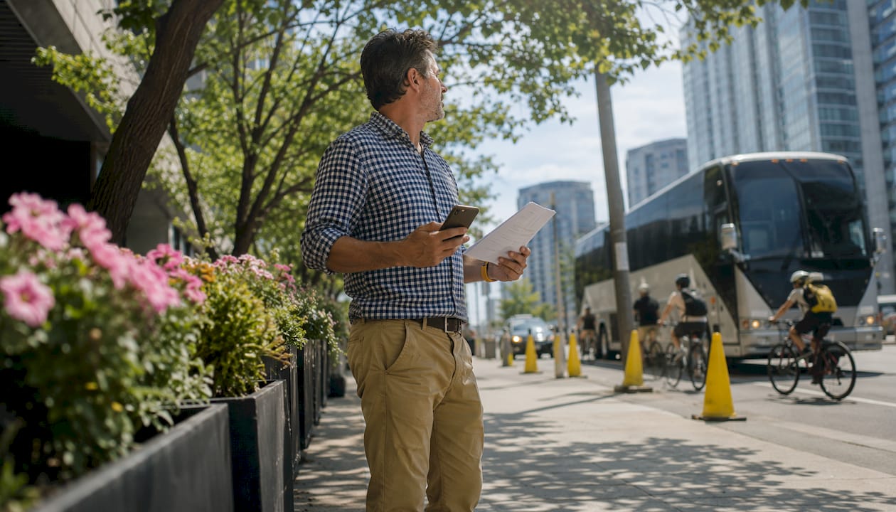 Man inspecting venue loading zone outdoors in Toronto