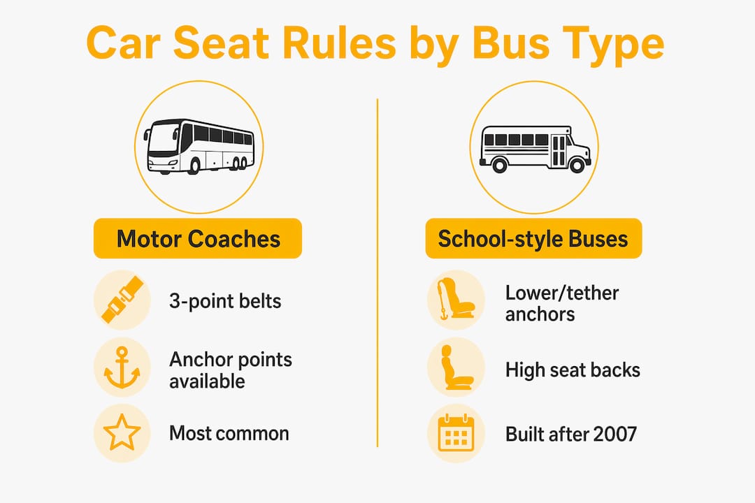 Infographic comparing car seat rules by bus type