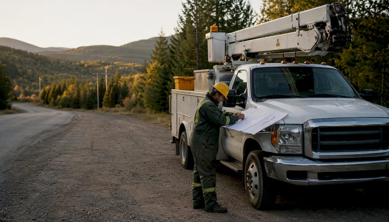Technician inspecting utility bucket truck on street