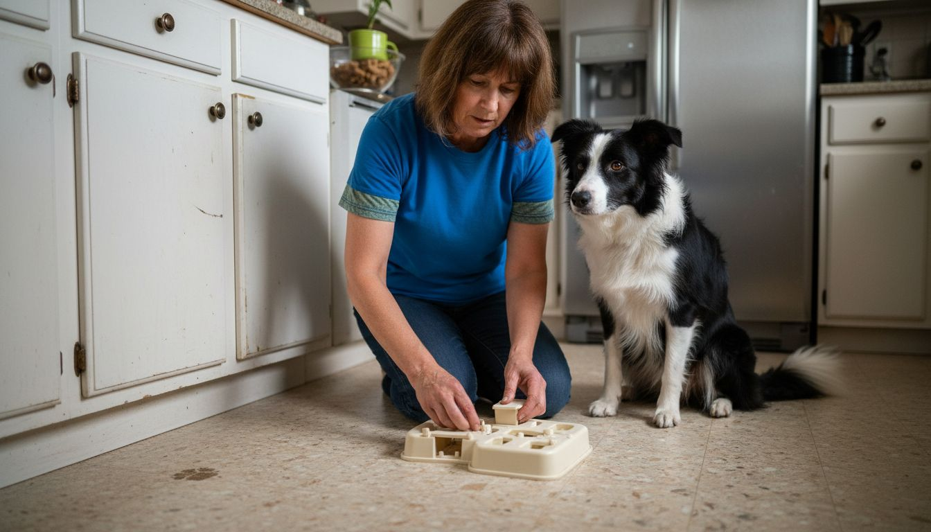Owner assembling dog puzzle toy in kitchen