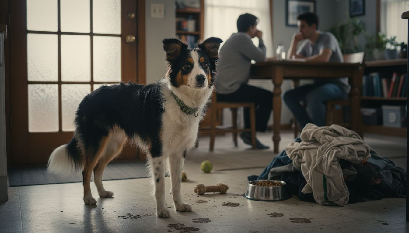 Dog reacting to household stress in kitchen