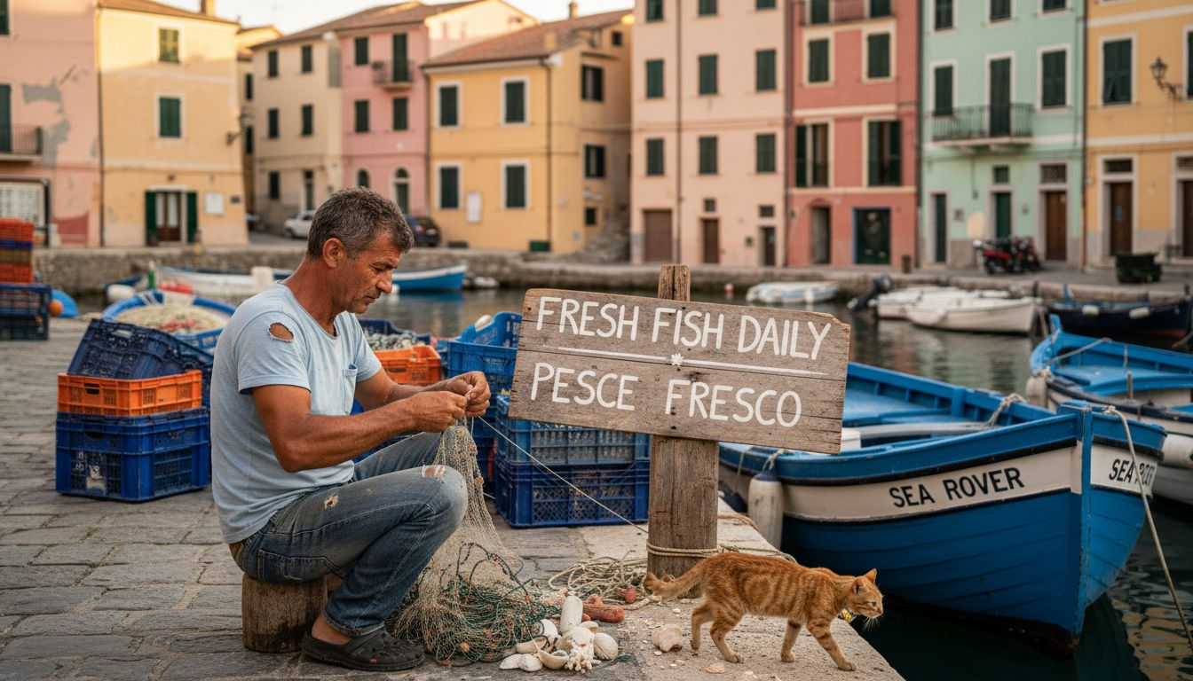 Fisherman mends nets in Sicilian harbor