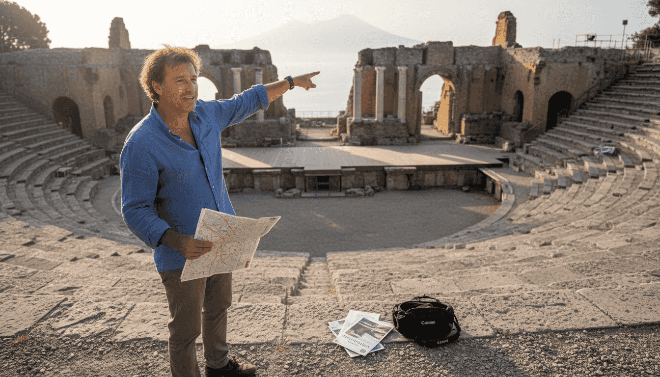 Tour guide at Greek Theatre ruins